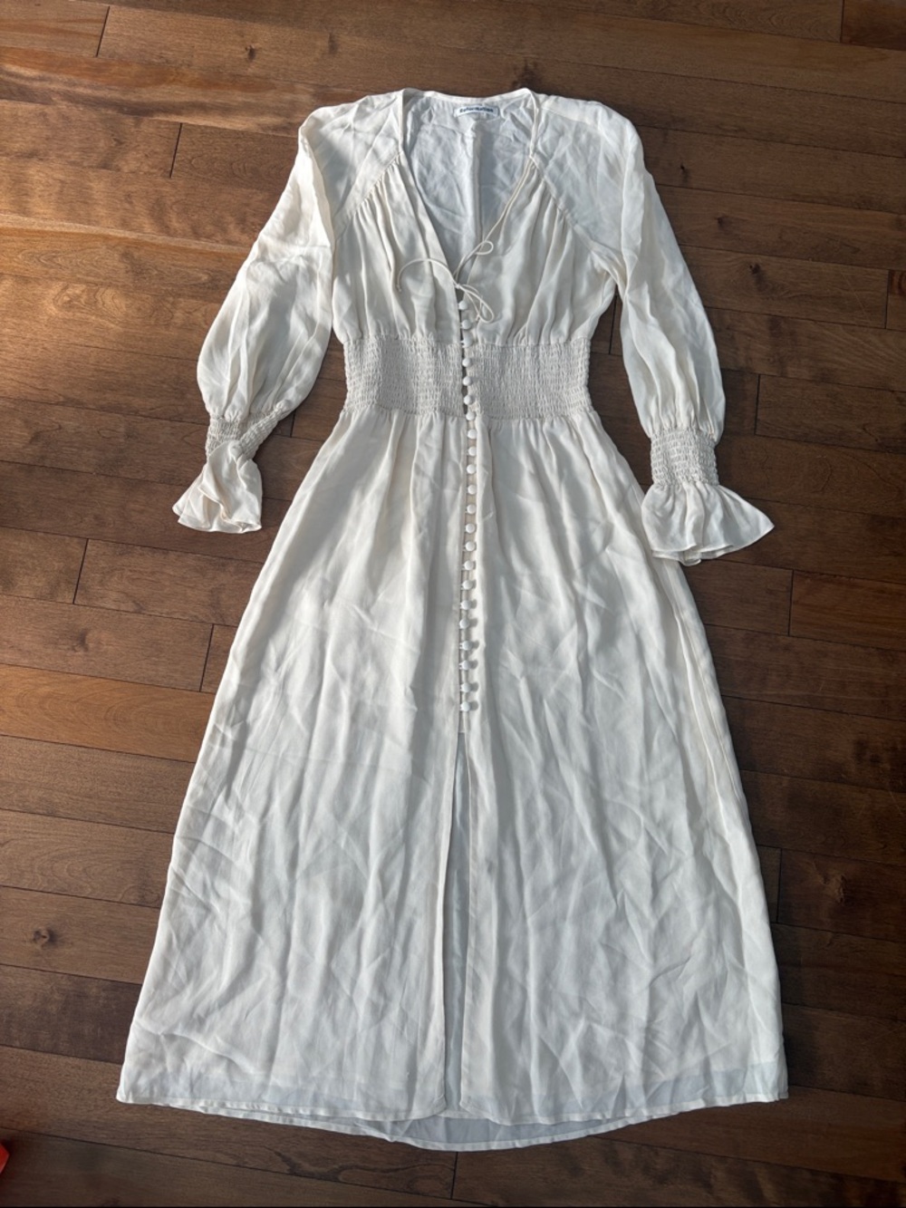 Reformation Cream Long-Sleeve Smocked-Waist Maxi Dress high slit